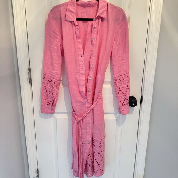 120 LINO 100% Linen Eyelet Detail ShirtDress pink 2061tn - Picture 3 of 7